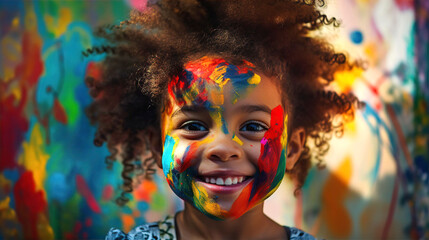 Portrait of adorable African little girl, lean against of wall with paintings. Street art, little artist concept.	
