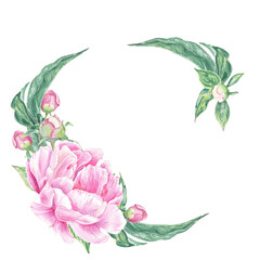 Watercolor wreath with pink peonys hand-drawn in botanical style for use in presentation, wedding, holiday and nature design invitation, logo. Flowers