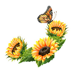 sunflower flowers with butterfly on summer lawn with watering can and basket