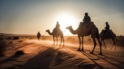 Fototapeta na wymiar Camel caravan in the desert of Sahara at sunset