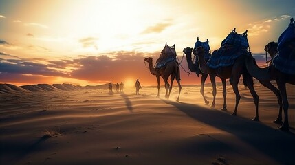 Camel caravan in the desert of Sahara at sunset - obrazy, fototapety, plakaty