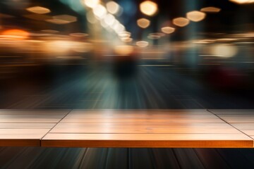 Warm toned wooden table against blurred city lights, an inviting display space with an urban evening ambiance.