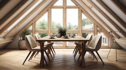 Fototapeta premium Dining table and chairs in attic with wood beams. Scandinavian interior design of modern dining room.