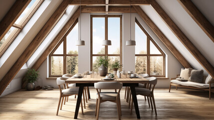 Dining table and chairs in attic with wood beams. Scandinavian interior design of modern dining room.