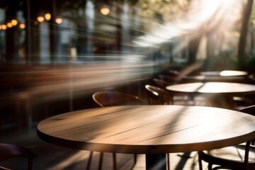Obraz premium Warm toned wooden table against blurred city lights, an inviting display space with an urban evening ambiance.