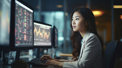 Big Diverse Corporate Office: Portrait of Beautiful Asian Manager Using Desktop Computer, Businesswoman Managing Company Operations, Analysing Statistics, Commerce Data, Marketing Plans  - obrazy, fototapety, plakaty