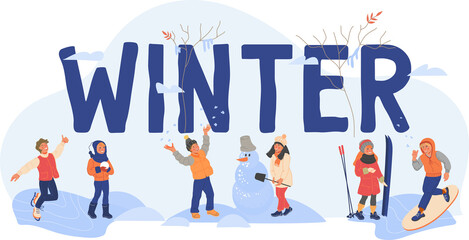 Winter banner template with cute children characters enjoying snow weather. Background for winter sale events and sport outdoor activity with kids playing snow and big word Winter.