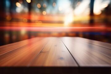 Warm toned wooden table against blurred city lights, an inviting display space with an urban evening ambiance.