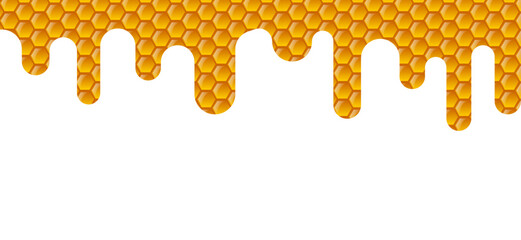 Vector label for bee honey. Honeycombs with honey, and a symbolic simplified image of a bee as a design element. Organic and eco honey labels and tags with bees. - obrazy, fototapety, plakaty