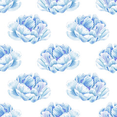 Obraz premium Watercolor seamless pattern blue peony, rose hand drawn in botanical style for textile, wedding packaging, holiday and nature design invitation. Daisy flower for decorating cards, wallpaper, fabric