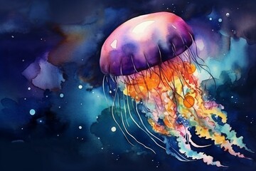 Vibrant jellyfish painting in aquarelle style with splashes. Underwater art. Generative AI