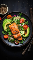 Health-focused smoked salmon dinner with quinoa salad and avocado slices
