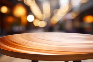 Warm toned wooden table against blurred city lights, an inviting display space with an urban evening ambiance.