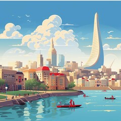  City Skyline with Color Buildings and Moon. Vector Illustration.