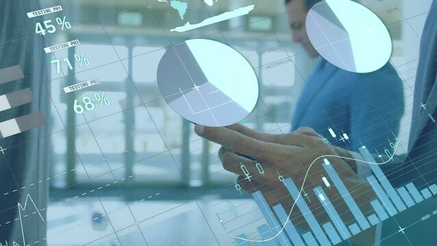 Animation of infographic interface over midsection of caucasian businessman typing on smartphone