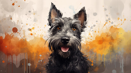 Adorable scottish terrier dog in mixed grunge color illustration. - obrazy, fototapety, plakaty