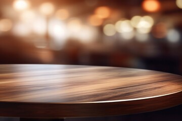 Fototapeta premium Warm toned wooden table against blurred city lights, an inviting display space with an urban evening ambiance.