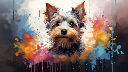 Adorable yorkshire terrier dog in mixed grunge color illustration.