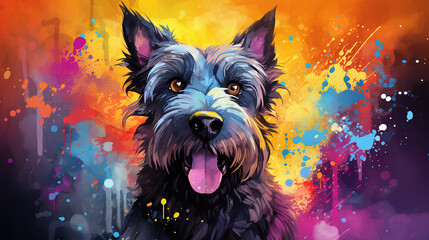 Adorable scottish terrier dog in mixed grunge color illustration. - obrazy, fototapety, plakaty