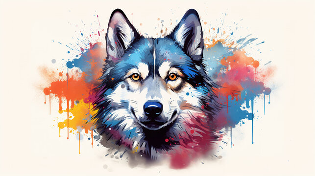 Adorable siberian husky dog in mixed grunge color illustration.