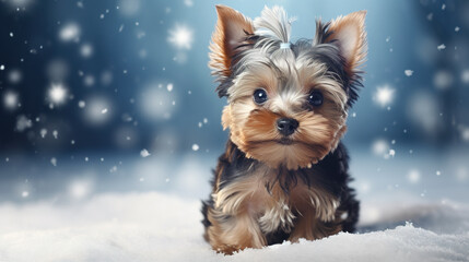 Cool looking yorkshire terrier dog  isolated on snowing background. Christmas theme.