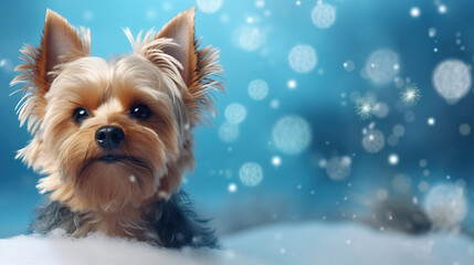 Cool looking yorkshire terrier dog  isolated on snowing background. Christmas theme.