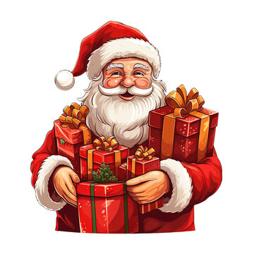 Freundlicher Weihnachtsmann mit Geschenke in der Hand, transparenter Hintergrund