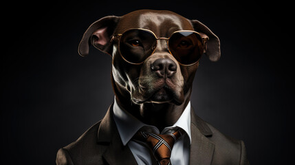 Cool looking american pitbull terrier dog wearing suit, tie and sunglasses isolated on dark background with copyspace for text. Digital illustration generative AI.