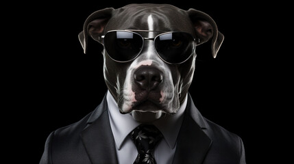 Cool looking american pitbull terrier dog wearing suit, tie and sunglasses isolated on dark background with copyspace for text. Digital illustration generative AI.
