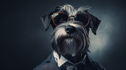 Cool looking schnauzer dog wearing suit, tie and sunglasses isolated on dark background with copyspace for text. Digital illustration generative AI.