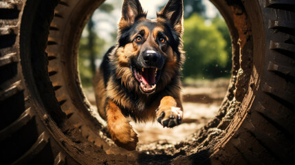 Dog training by a dog handler. - obrazy, fototapety, plakaty