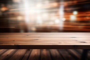 Warm toned wooden table against blurred city lights, an inviting display space with an urban evening ambiance.