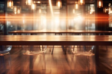 Warm toned wooden table against blurred city lights, an inviting display space with an urban evening ambiance.