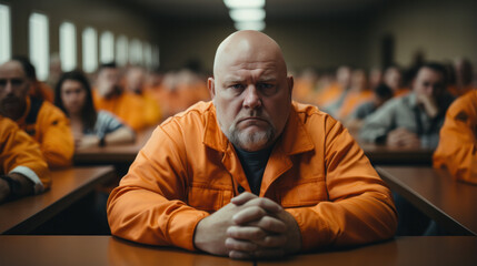 Fat prisoner in the common room of the prison. Orange jail uniform - obrazy, fototapety, plakaty