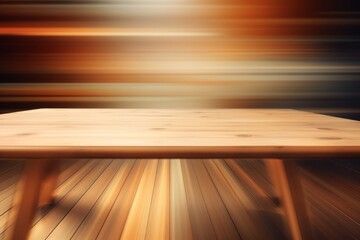 Warm toned wooden table against blurred city lights, an inviting display space with an urban evening ambiance.