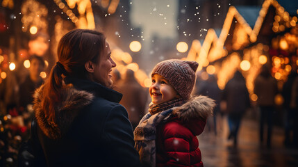Festive Moments, Mother and Child Delighting in a Traditional Christmas Market on a Winter Evening
