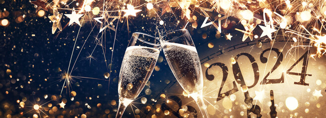 New Year's Eve 2024 Celebration Background with Champagne - obrazy, fototapety, plakaty