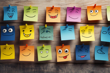 Colorful sticky notes with smiley faces on wooden background, happy and sad