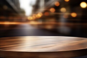 Warm toned wooden table against blurred city lights, an inviting display space with an urban evening ambiance.