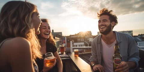 Happy Students Celebrate at an Open Rooftop Bar, Raising Their Alcoholic Drinks in a Spirited Party After a Week of Study, Embracing the Weekend, Relaxation, and Friendship