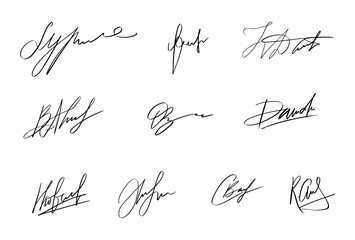 Handwriting Autograph set. Personal fictitious signature calligraphy lettering. Scrawl imaginary name for document. Vector illustration on white background - obrazy, fototapety, plakaty