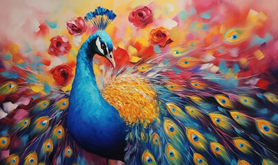 Fototapeta premium Original oil painting on canvas. Beautiful multicolored peacock. Modern art. Wall paintings for interior decoration, bedroom, living room.