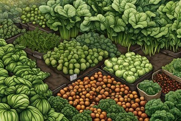 An artistic rendering of a patch of growing, verdant choy nestled among other vegetables