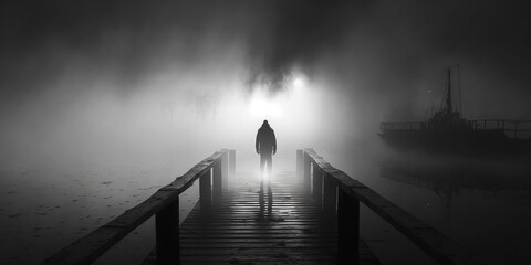 Black and White Spooky Shadow figure Standing on a Dock Foggy Night Banner Illustration