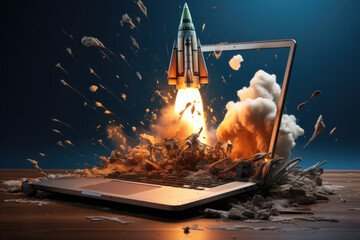 Futuristic concept of a rocket launching from a laptop screen - obrazy, fototapety, plakaty