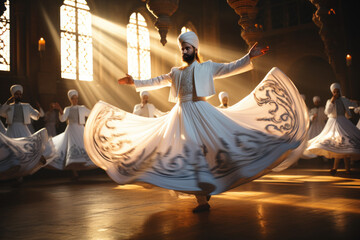 Authentic dervishes dancers performing in ancient Muslim palace - obrazy, fototapety, plakaty