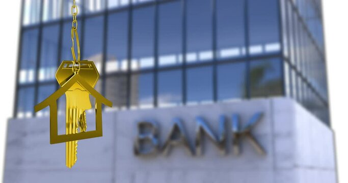 Animation of key in house keychain over bank text on modern building