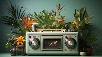 retro vintage style interior with old fashioned and vintage radio on a table.