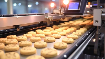 Fotobehang Production line of baking cookies. Biscuits on conveyor belt in modern confectionery factory. Production line at the bakery.    © BlazingDesigns