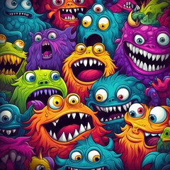 Naklejka premium Cartoon doodle seamless pattern with funny bright colored monsters. Colorful vector illustration for printing. Background, fashion design, fabrics, textiles, canvas, packaging and all prints.